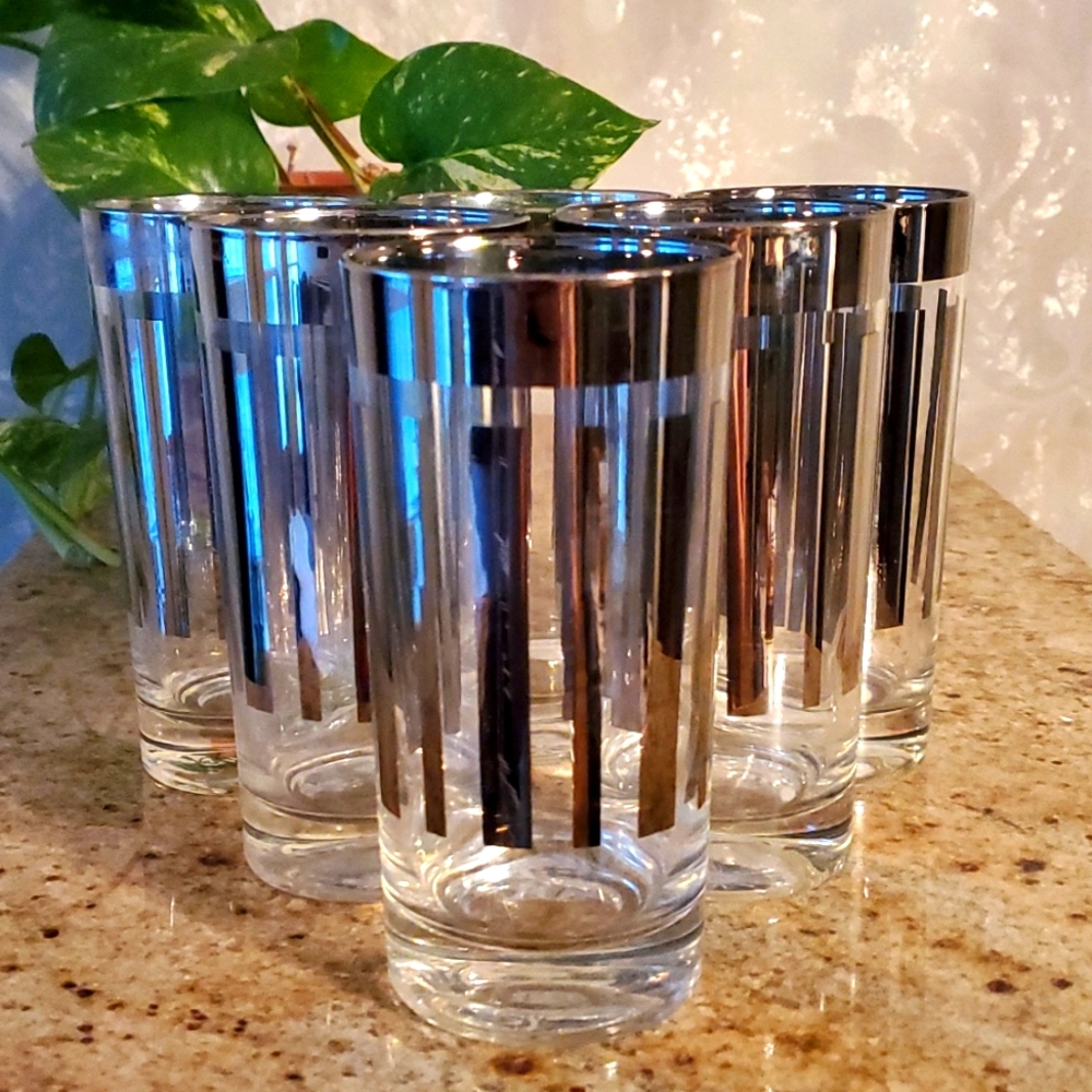 Vintage MCM silver striped highball tumblers